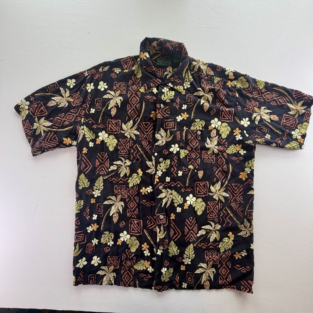 Scandia Woods Shirt L Brown Sleeve Button Floral Hawaiian